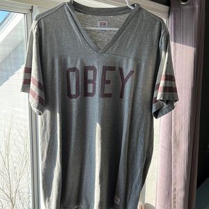 Obey Grey Short Sleeve V-Neck Tee with Maroon Lettering